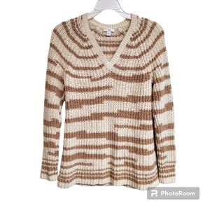 J. Jill Cream And Brown Neutral Chunky Knit Striped V-neck Sweater Women's Small